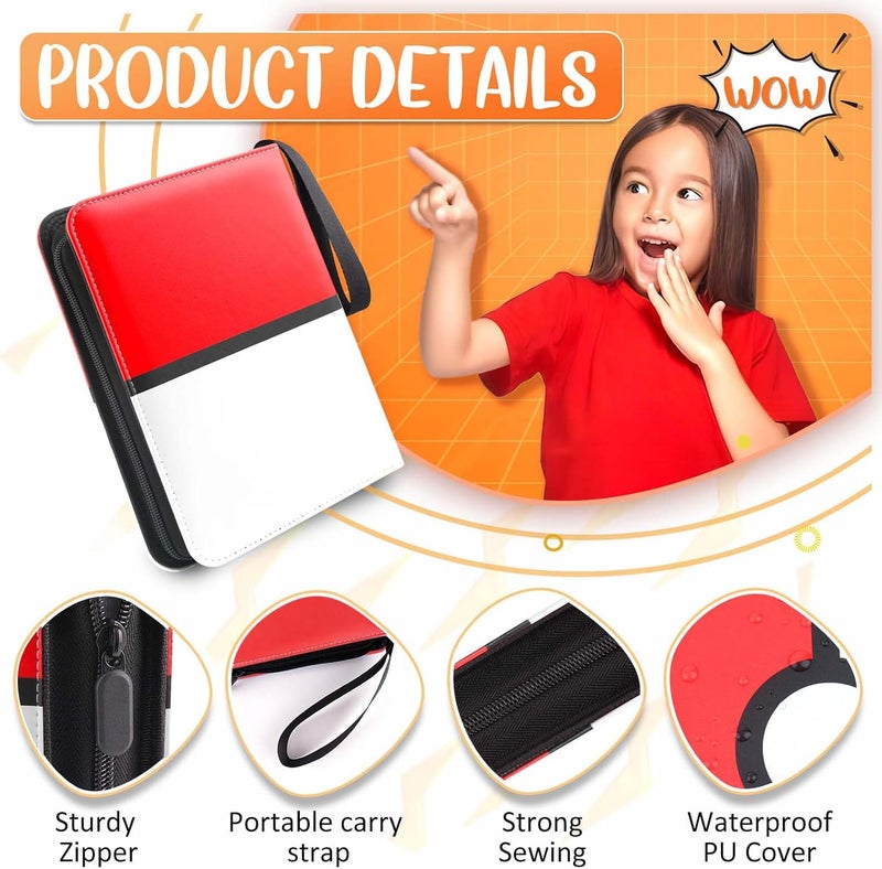 Easyfun Card Binder 4 Pocket, Trading Card Holder Fits 400 Cards With 50 Removable Sleeves, Portable Collection Card Ablum, Game Card Case book With Zipper for Gift, Red - Image 3